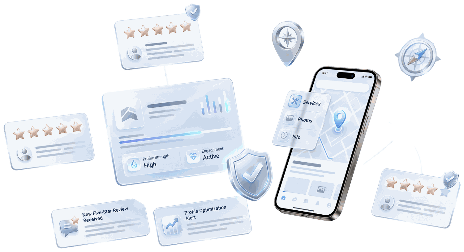 An optimised Google Business Profile on a phone with map location, five-star reviews and profile insights