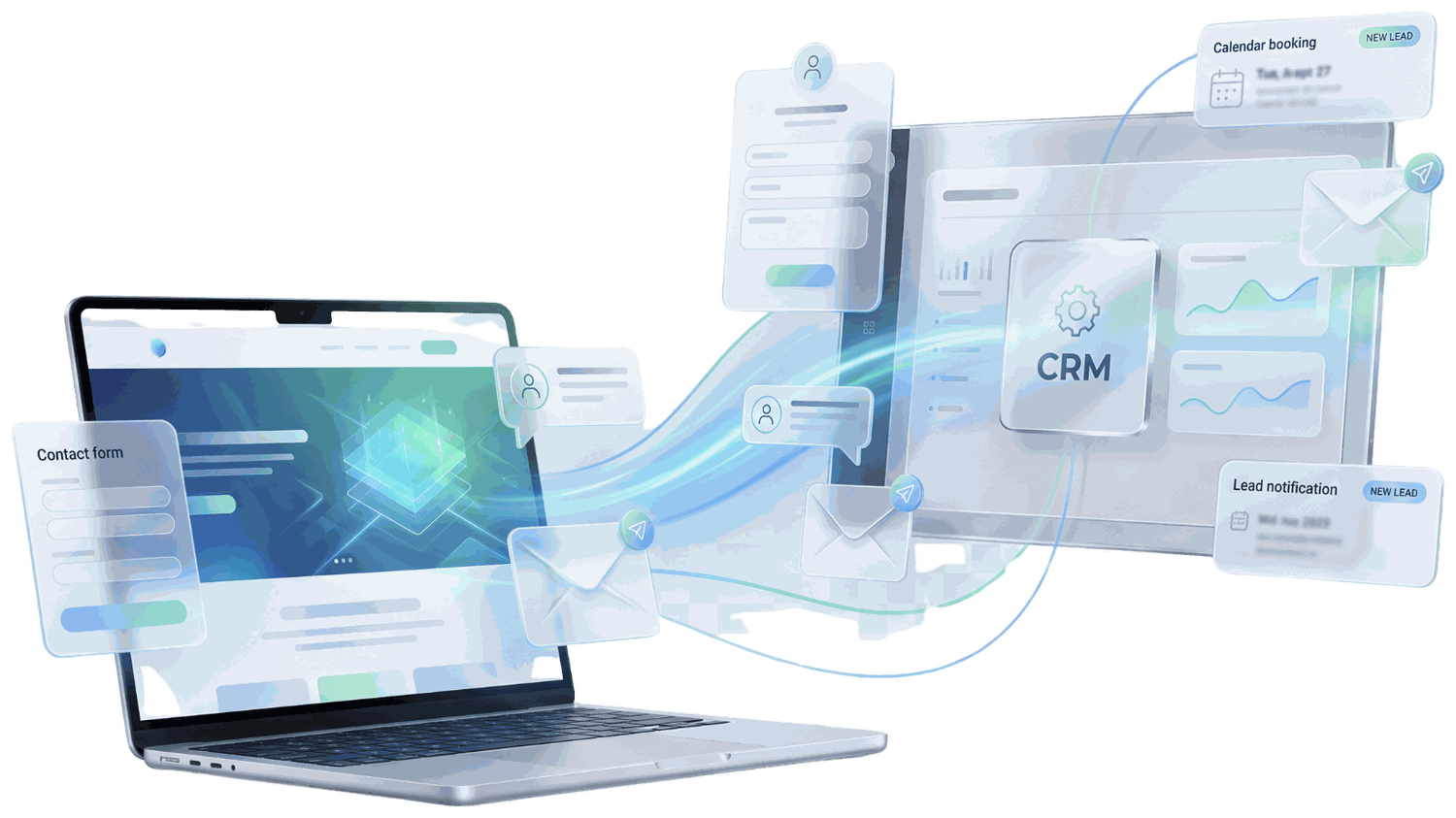 Website contact form feeding leads into a CRM with email, calendar booking and new-lead notifications