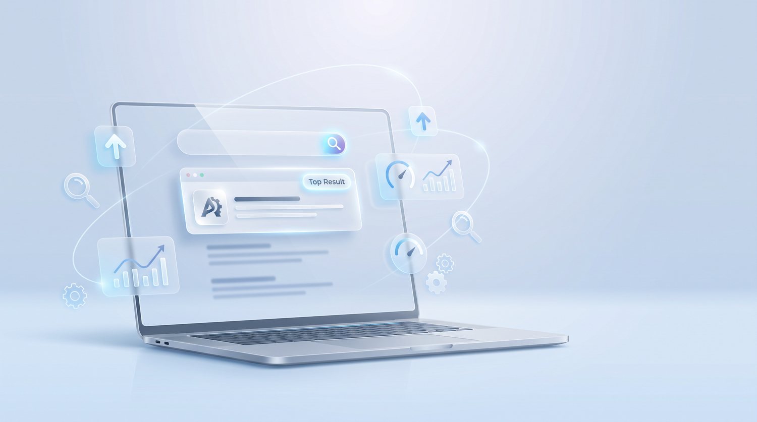 A website ranking as the top search result, with rising performance charts and speed metrics