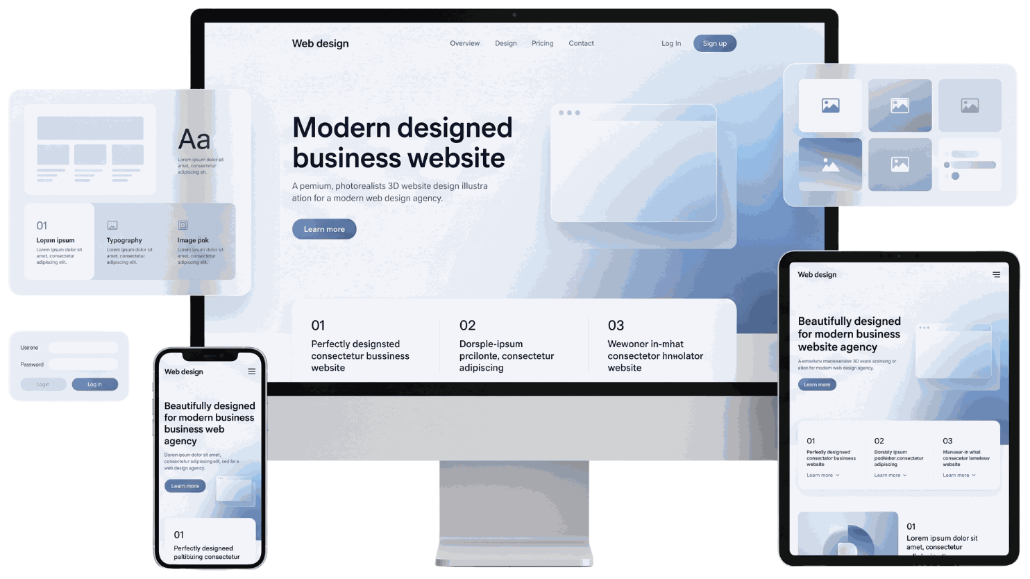 A modern business website shown across desktop, tablet and mobile — designed by Veneer Digital Studio